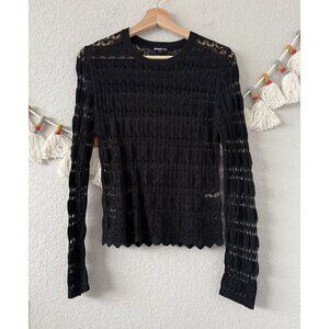 Minnie Rose Black Pointelle Open Knit Sheer Long Sleeve Top Whimsygoth Beach M